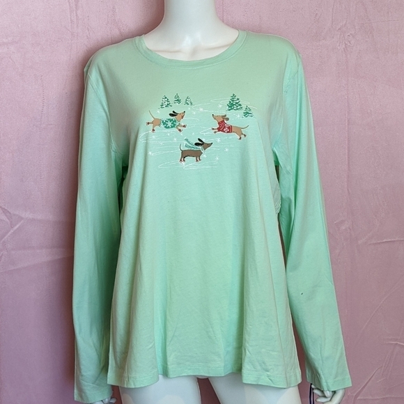 Sleep Sense Mint Green Wiener Dog Long Sleeve Christmas Pajama Top size Large - Picture 1 of 5